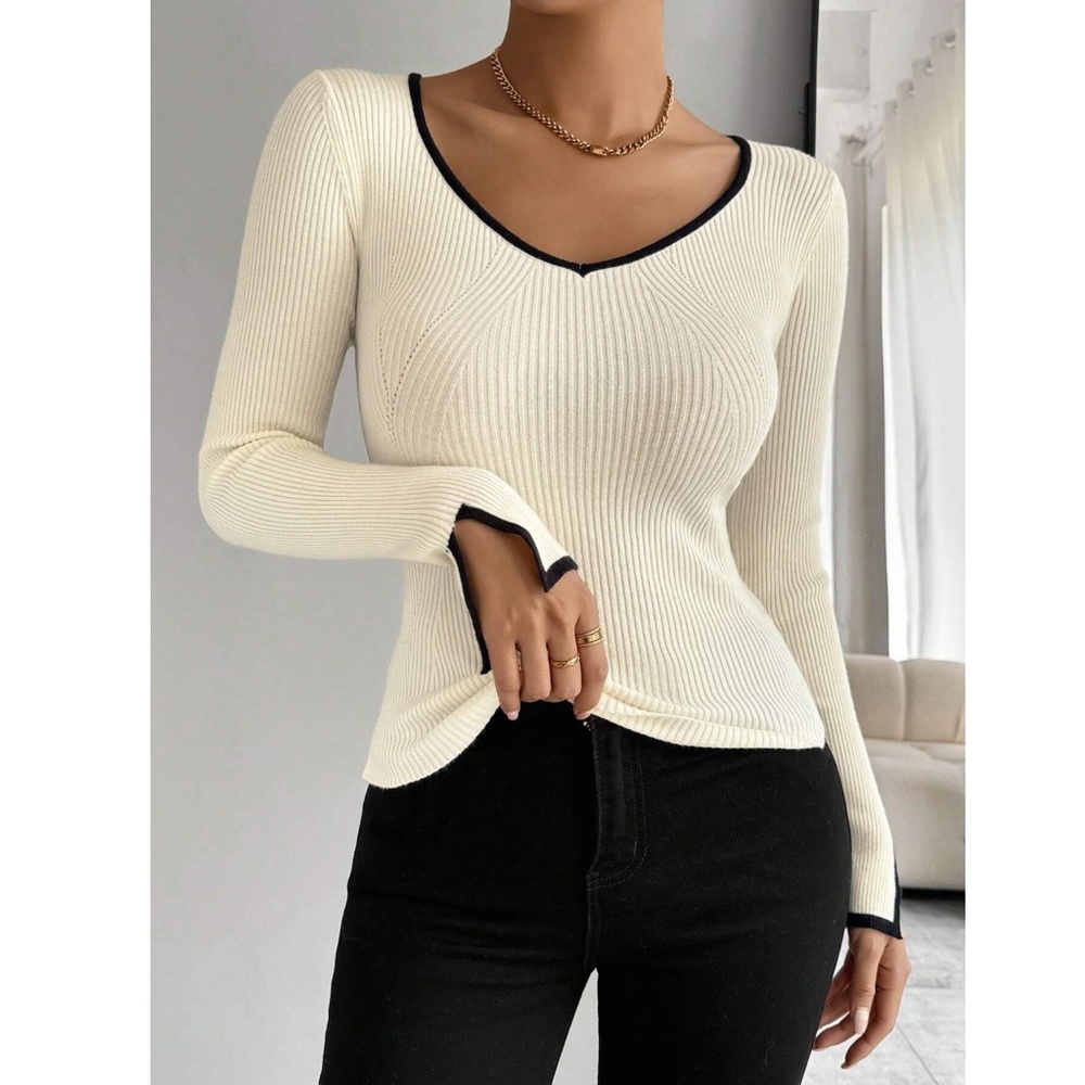 Beige Rib Knit Light Sweater Top Contrast Trim Fitted Slim Long Sleeve - Picture 6 of 7